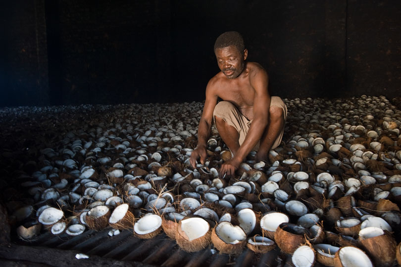 A worker inside the hot kiln turns &lt;p&gt;the shells to insure a steady drying process.