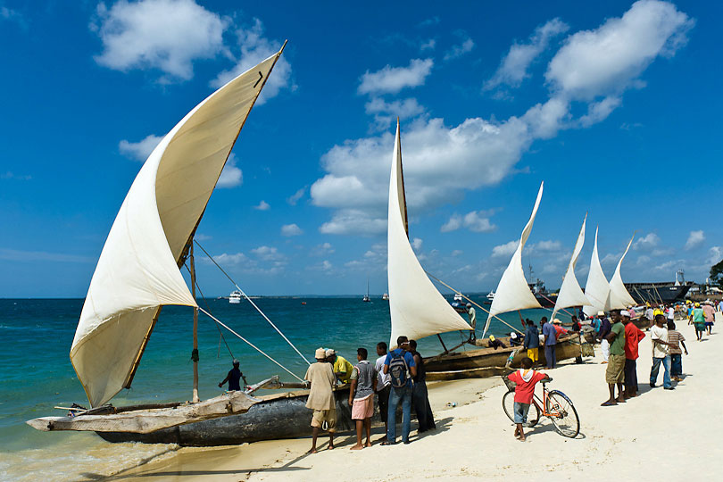 &quot;Ngalawa&quot; boats prepare for a regatta in Stone Town Zanzibar, Tanzania