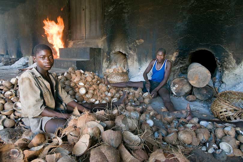 Boys remove the dried meat called copra from coconut shells,&lt;p&gt; Quelimane Mozambique