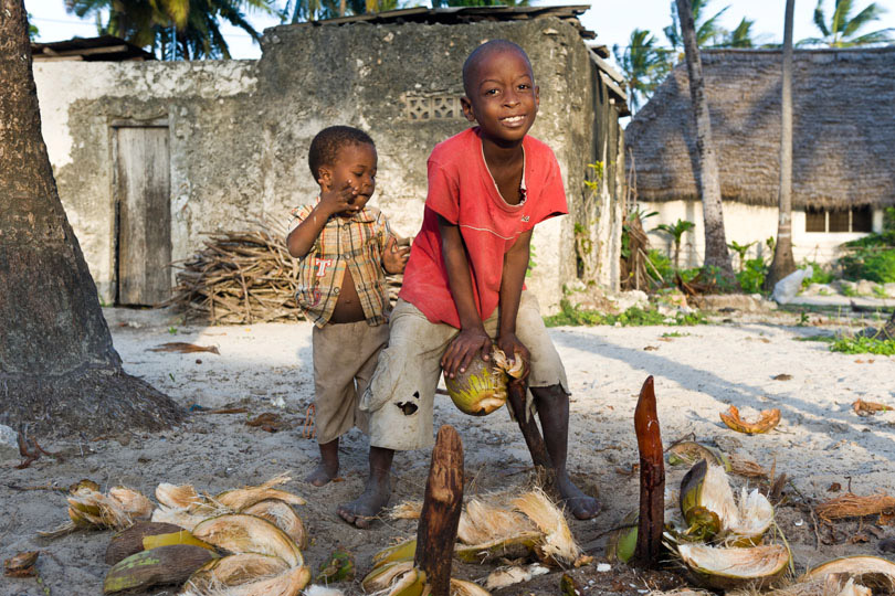 Children opening fresh coconuts